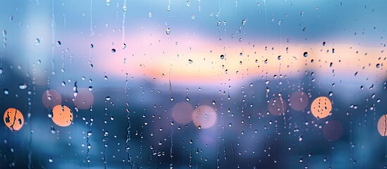 Close up image of raindrops on a window during a summer storm creating a moody vibe ideal for Instagram with a blurred background showing the sky Focus on the wet glass with tiny droplets featuring c