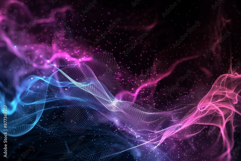 Poster the background is bright and wavy. reflected neon light. smooth particle waves. vivid violet and blu