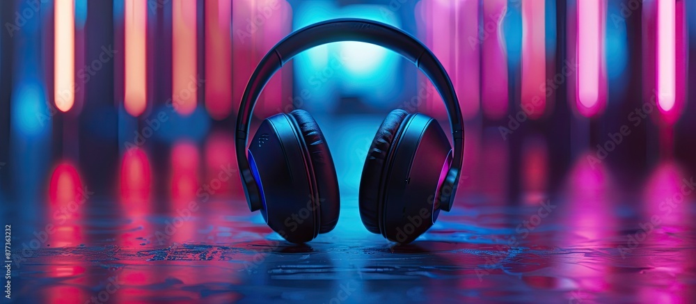 Poster a black wireless headphone in a retro 90s style setting with neon lights showcasing a sleek design a