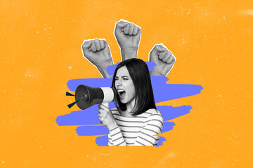 Composite photo collage of angry girl hold megaphone fist gesture crowd rebellion strike activist...