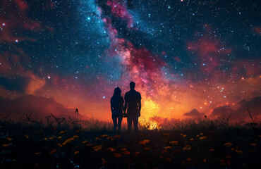 Fototapeta premium Lovers couple stand in the field under bright milky way galaxy 