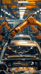 Fototapeta premium High-Definition AI-Generated Wallpaper Featuring Robotic Arms in a Futuristic Factory Precisely Assembling Car Frames Using Advanced AI and Computer Vision, Showcasing the Future of Automotive Manufac
