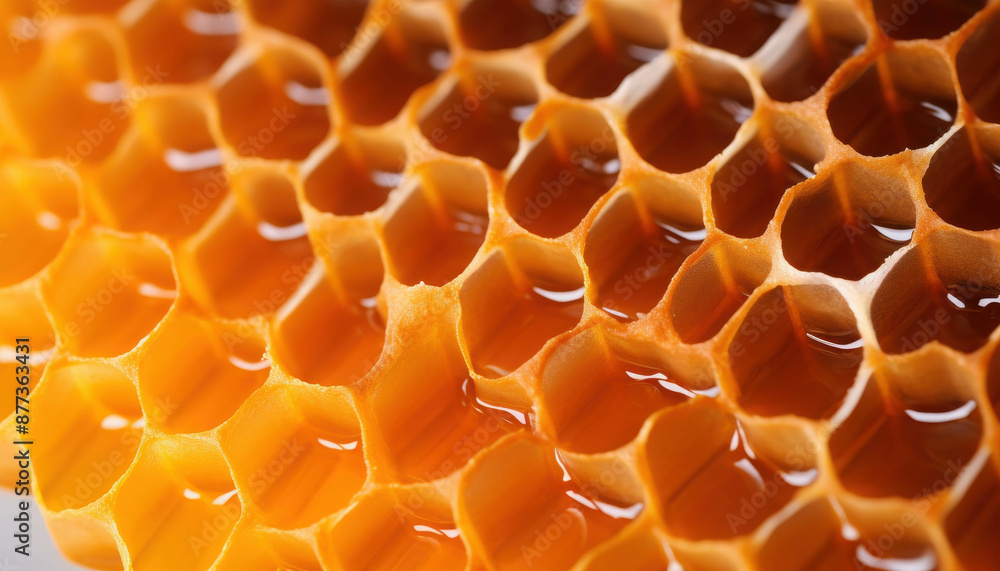 Poster close-up of a honeycomb structure with golden hexagonal cells glowing in the warm light, showing nat