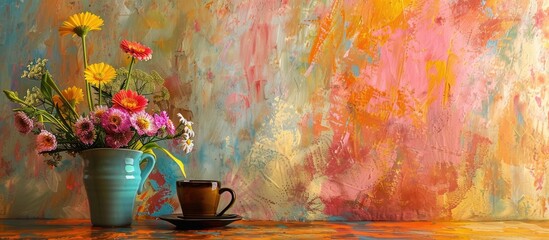 An elegant vase holding vibrant flowers and a cup placed on a table near a colorful wall creating a picturesque scene in this copy space image