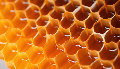 Close-Up of a Honeycomb Structure with Golden Hexagonal Cells Glowing in the Warm Light, Showing Natural Beauty