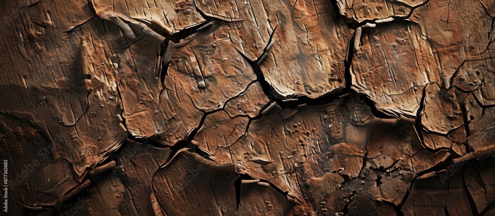 Poster close up of a shattered tree trunk with splintered wood fibers on a textured wooden background in br
