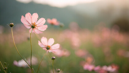 Cosmos flower close up on sunset background with soft selective focus