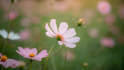 Cosmos flower close up on sunset background with soft selective focus