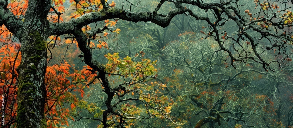 Poster an image of a lifeless tree adorned with green moss and colorful fall foliage providing a striking c
