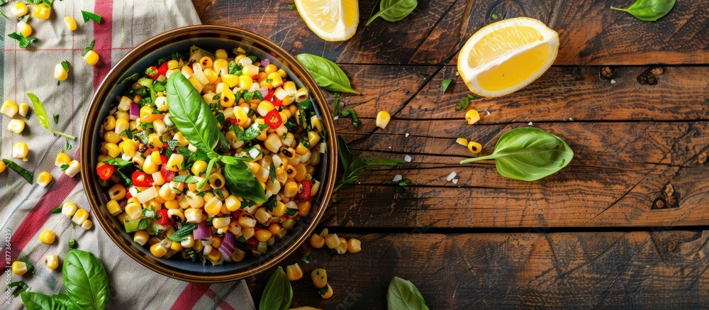 Canvas Prints A bird s eye view of a corn salad and lemon on fabric and wooden backdrop with room for a copy space image