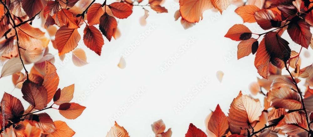 Poster translucent and backlit multicolour autumn leaves creating a frame on a white background conveying a