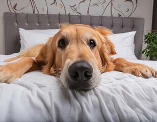 A dog is lying on its back comfortably on a bed, showing its fawncolored fur. It belongs to the Sporting Group breed, known for its friendly and companionable nature