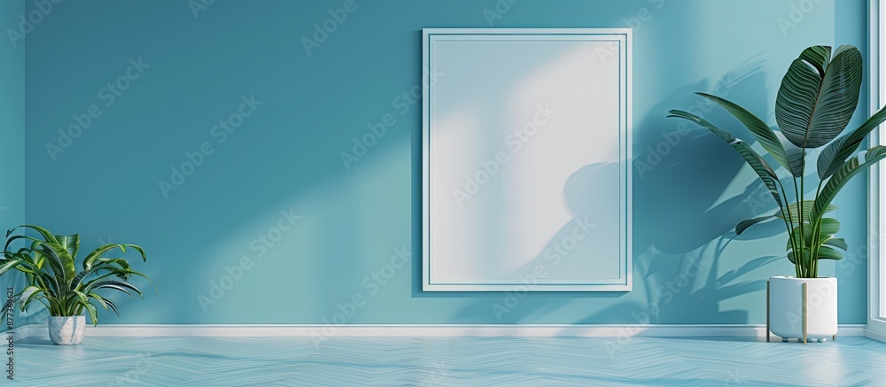 Poster blue pastel wall featuring an empty frame for a copy space image creating a minimalistic look