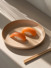 Elegant food photography of salmon nigiri sushi on beige plate with natural light and plant shadow
