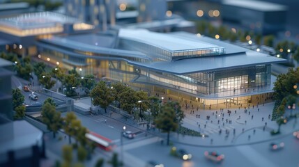 Generate a photo realistic image of a maquette representing a convention center with conference halls, exhibition spaces, and hospitality services; ensure the image is of high resolution for clear.
