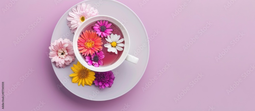 Poster top view of a creative design with a pattern of flowers in a teacup on a light purple background cre