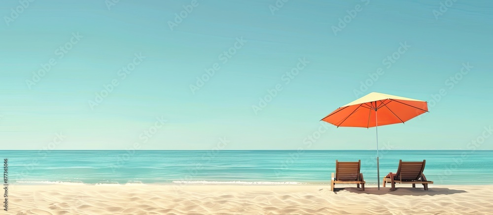 Canvas Prints Ideal vacation setting with two sun loungers and a beach umbrella on an empty beach illustrating the perfect holiday experience with copy space image