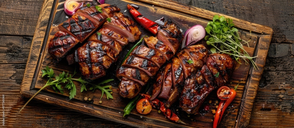Poster top down view of sliced grilled pork and vegetables on a wooden board with ample copy space image