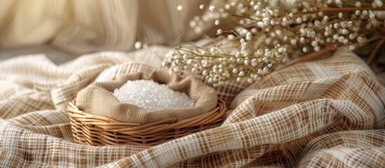 Basket with a linen background offers ample space for salt and pepper with room for additional items presenting a versatile copy space image