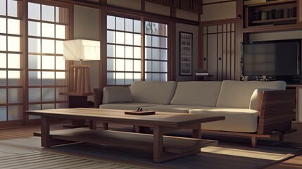 Naklejka premium A contemporary home's spacious living and kitchen areas feature large windows offering panoramic mountain vistas and a sliding door leading to an outdoor patio.