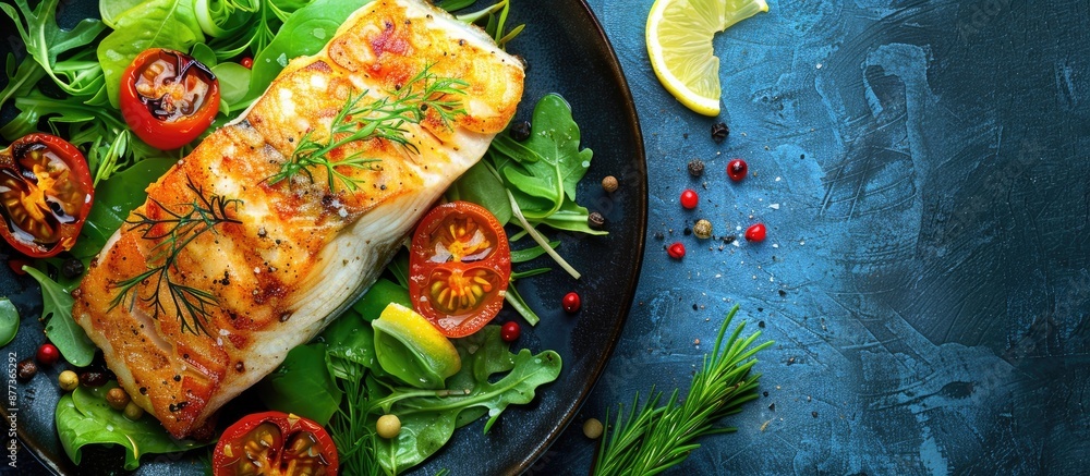 Poster fried hake fillet as a seafood main course option on a pescatarian menu with a food background in a 