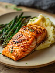 Grilled salmon served with mashed potatoes and asparagus on beige plate