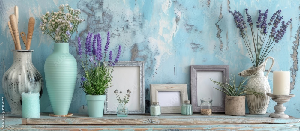 Poster a decorative set up on a wooden table with a lavender flower photo frames and other items perfect fo