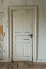 Old wooden door in white room with wooden floor, vintage style.