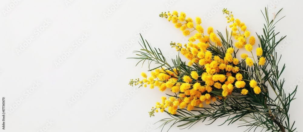 Poster flat lay arrangement featuring a stunning floral display of mimosa flowers against a white backdrop 