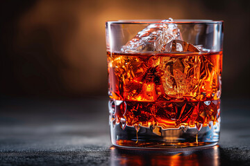 Classic Negroni Cocktail in a rock glass with ice, with blank space for copy or text, and dark background