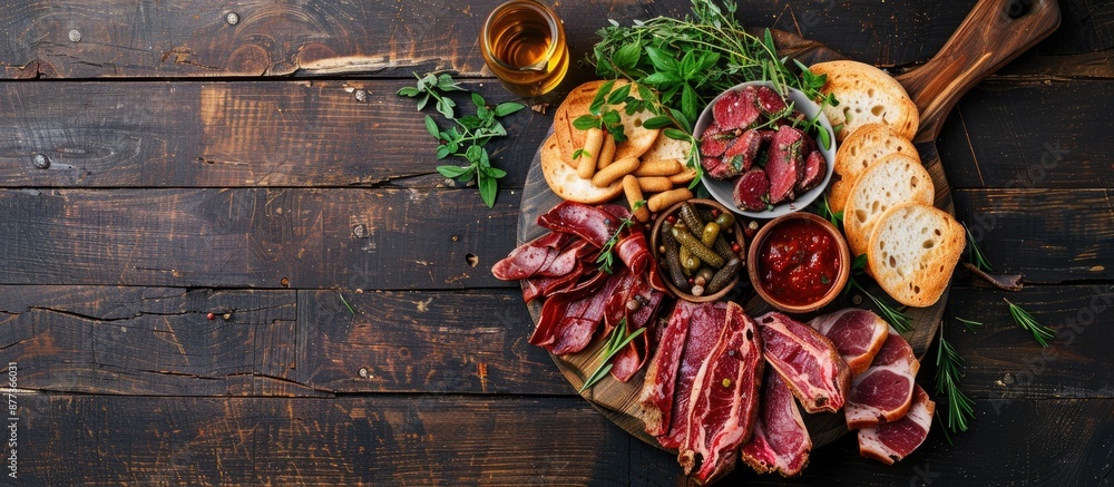 Poster aerial view of a delectable meat platter with fresh herbs and breadsticks displayed on a dark wooden