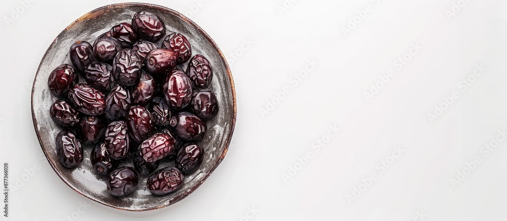 Poster medjool date fruit displayed on a white background on a rustic serving plate creating an isolated co