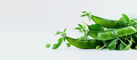 Snap peas stacked neatly with white background ample copy space image
