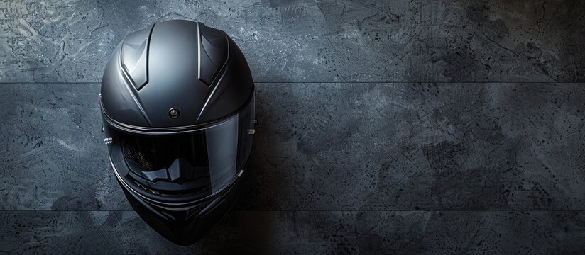 Top view of a contemporary motorcycle helmet with a visor placed on a sleek black stone backdrop providing adequate space for adding text in the image. Copy space image