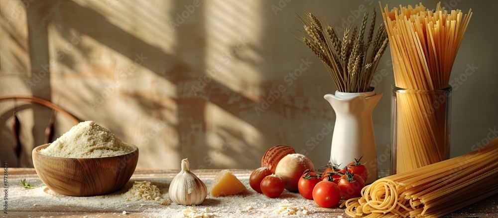 Poster ingredients for a delicious pasta carbonara displayed on a table with open space for additional visu