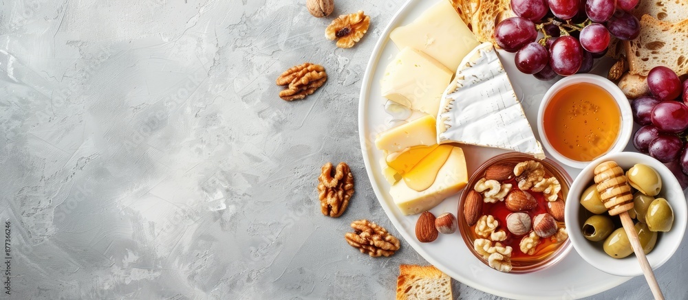 Poster Flat lay arrangement of a cheese plate with honey grapes and nuts on a grey table providing ample space for text in the image