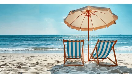 Two beach chairs with an umbrella on the sand at the sea, blue sky and sunlight