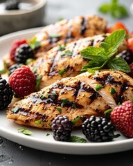 Grilled chicken breast with fresh berries and mint.