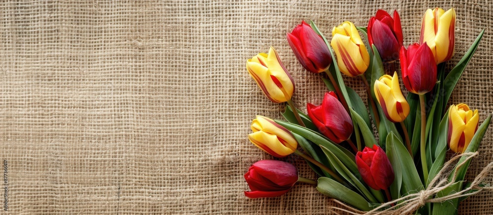 Poster bouquet of red and yellow tulips displayed on rustic sackcloth ideal as a gift for women s day or mo