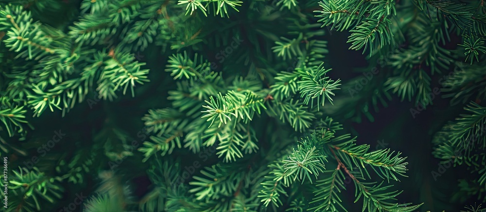 Poster green thuja tree branches and leaves provide a natural background with a vintage tone and processing