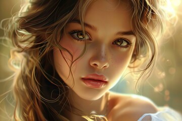 Fototapeta premium Beautiful young woman with long flowing hair and soft lighting is posing