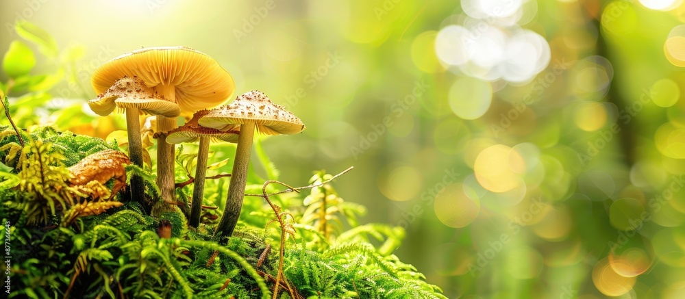 Poster Closeup photo of forest mushrooms in their natural habitat with a forest backdrop featuring copy space image