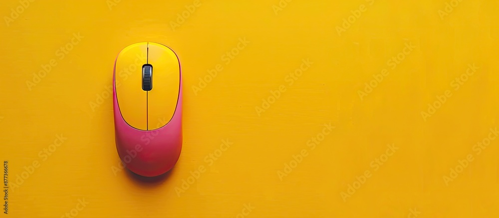 Poster vibrant workspace featuring a yellow computer mouse in viva magenta against a yellow background with