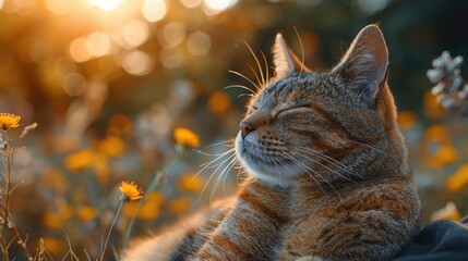 Cute tabby cat lying on the grass in the sunlight.