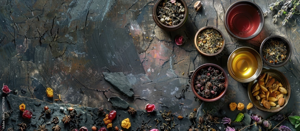 Poster various herbal and fruit dry teas displayed on a stone table from a top view perspective featuring a