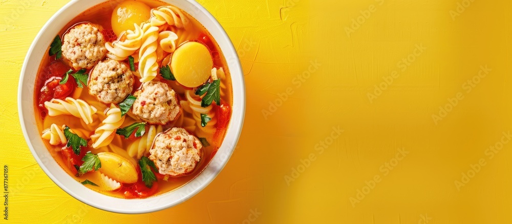 Poster view from above of a bowl with soup featuring chicken meatballs potatoes and pasta set on a yellow b