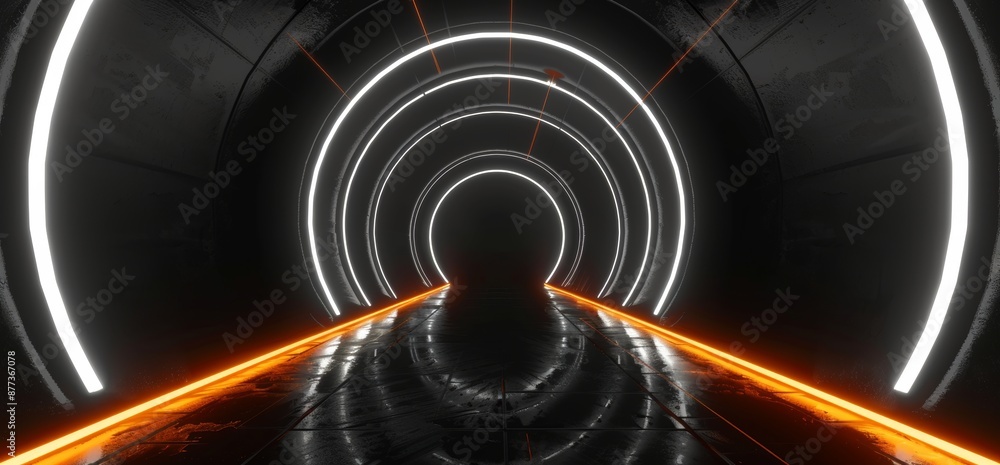 Poster sf neon lamps in a dark tunnel with reflections on the floor and walls. 3d rendering image.