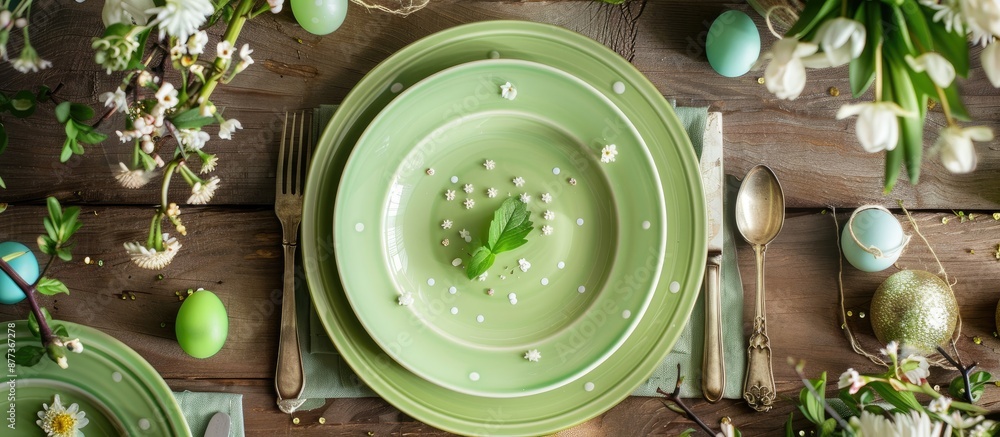 Poster from an overhead perspective a spring themed table arrangement featuring a green plate set against a
