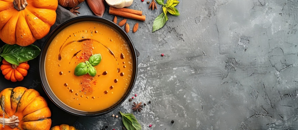 Poster a bowl of flavorful pumpkin soup garnished with aromatic spices placed on a table with a blank space