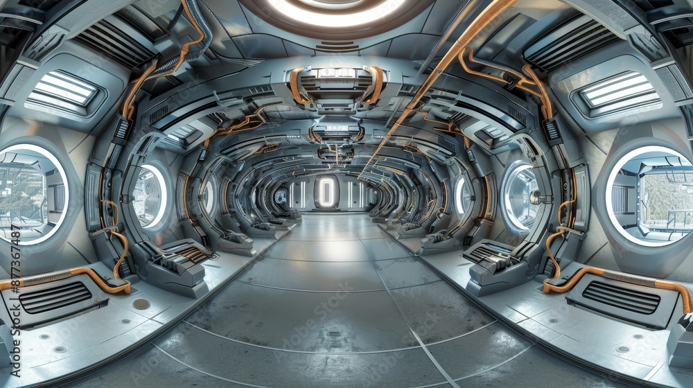 Poster 3D rendering illustration of an abstract futuristic technology design building interior based on high dynamic range hdr hdri virtual reality